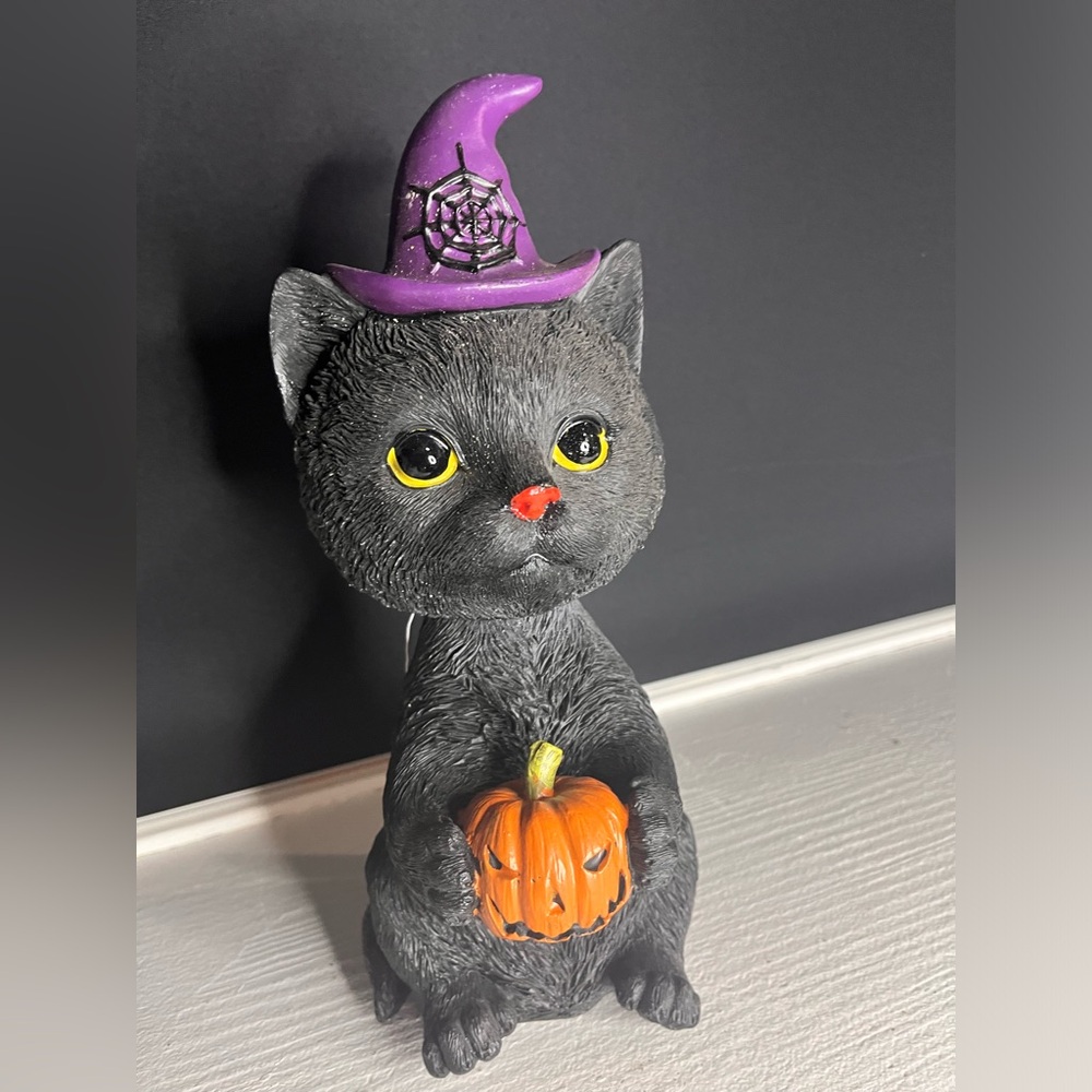Black Cat Bobble Head Witch Figurine Halloween Decor Purple Hat 11.5” NWT